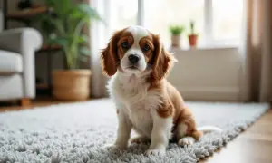 Uroczy szczeniak Cavalier King Charles Spaniel siedzi na dywanie, wyglądając jak najmniej kłopotliwy pies na świecie.