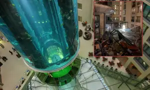 Gigantyczny akwariowy cylinder w Aquadom Oceanarium Berlin, a obok widok zniszczeń po eksplozji.