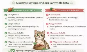 Grafika porównuje kryteria wyboru karmy dla kota. Po lewej stronie zalecenia dotyczące wysokiej jakości mięsa i dodatków, po prawej czego unikać. Kotek z miską karmy.