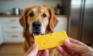 Złoty retriever z zaciekawieniem patrzy na kawałek sera żółtego. Czy pies może jeść ser żółty? To pytanie nurtuje wielu właścicieli.