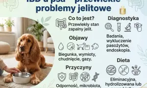 Pies z IBD, czyli przewlekłymi problemami jelitowymi. Objawy: biegunka, wymioty, chudnięcie, gazy. Diagnostyka i dieta.
