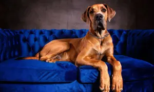 Brązowy dog niemiecki, jeden z bardzo dużych psów, leży na aksamitnej, niebieskiej kanapie.