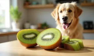 Złoty retriever z językiem na wierzchu patrzy na kiwi. Czy pies może kiwi? To pytanie nurtuje właścicieli czworonogów.