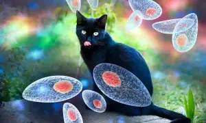 Czarny kot z zielonymi oczami, wokół niego unoszą się pasożyty Toxoplasma gondii. Obraz ilustruje toksoplazmozę u kota objawy.