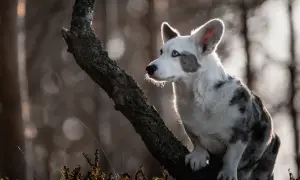 Uroczy corgi pies królowej, z niebieskimi oczami, siedzi na gałęzi drzewa, oświetlony słońcem.