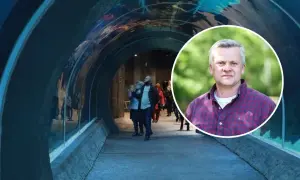 Podwodny tunel w akwarium z ludźmi i portret mężczyzny.