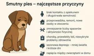 Smutny pies z opuszczonymi uszami siedzi obok listy przyczyn psiego smutku: samotność, zmiany, brak ruchu, choroby, depresja, konflikty.