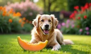 Złoty retriever leży na trawie obok kawałka melona. Czy pies może jeść melona? Ten słodki przysmak jest bezpieczny dla psów w umiarkowanych ilościach.