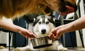 Siberian husky z niebieskimi oczami patrzy na miskę, którą trzymają ludzkie dłonie. Nad nim widać pysk innego psa. To nie jest spa dla psa, to czas na jedzenie!