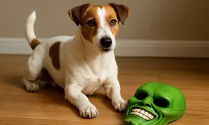 Jack Russell terrier obok zielonej maski. Czyżby ten pies z maski rasa miał zamiar ją założyć?