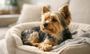 Uroczy yorkshire terrier w swoim legowisku. Zastanawiasz się nad yorkshire terrier cena?