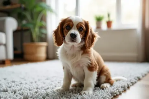 Uroczy szczeniak Cavalier King Charles Spaniel siedzi na dywanie, wyglądając jak najmniej kłopotliwy pies na świecie.