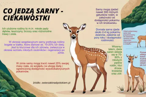 Sarny jedzą młode pędy roślin, liście drzew, krzewy i zioła. Ich dieta jest bogata w białko, co jest kluczowe dla zdrowia.