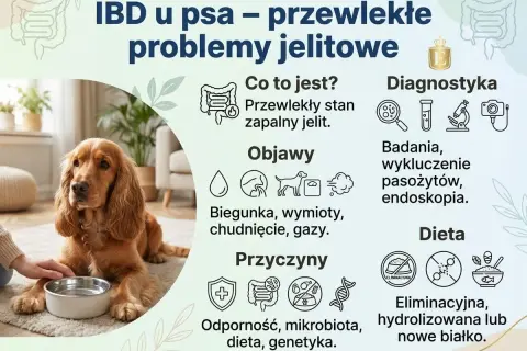 Pies z IBD, czyli przewlekłymi problemami jelitowymi. Objawy: biegunka, wymioty, chudnięcie, gazy. Diagnostyka i dieta.