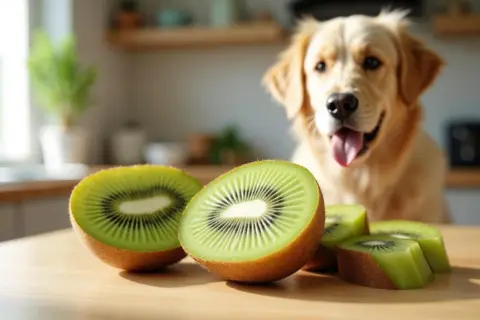 Złoty retriever z językiem na wierzchu patrzy na kiwi. Czy pies może kiwi? To pytanie nurtuje właścicieli czworonogów.