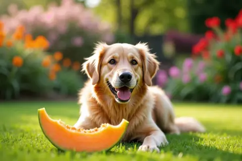 Złoty retriever leży na trawie obok kawałka melona. Czy pies może jeść melona? Ten słodki przysmak jest bezpieczny dla psów w umiarkowanych ilościach.