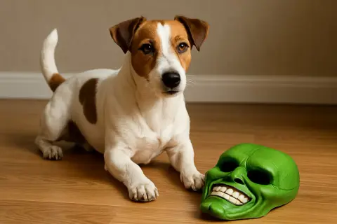 Jack Russell terrier obok zielonej maski. Czyżby ten pies z maski rasa miał zamiar ją założyć?
