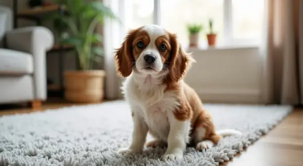 Uroczy szczeniak Cavalier King Charles Spaniel siedzi na dywanie, wyglądając jak najmniej kłopotliwy pies na świecie.