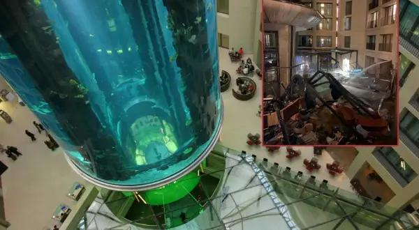 Gigantyczny akwariowy cylinder w Aquadom Oceanarium Berlin, a obok widok zniszczeń po eksplozji.