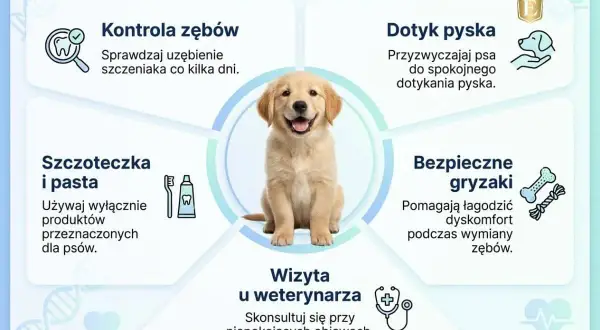 Szczeniak golden retrievera w centrum grafiki, która pokazuje, jak dbać o jego zęby, kiedy psu wypadają zęby stałe.