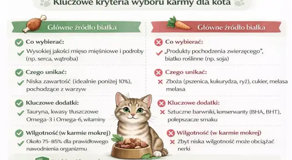 Grafika porównuje kryteria wyboru karmy dla kota. Po lewej stronie zalecenia dotyczące wysokiej jakości mięsa i dodatków, po prawej czego unikać. Kotek z miską karmy.