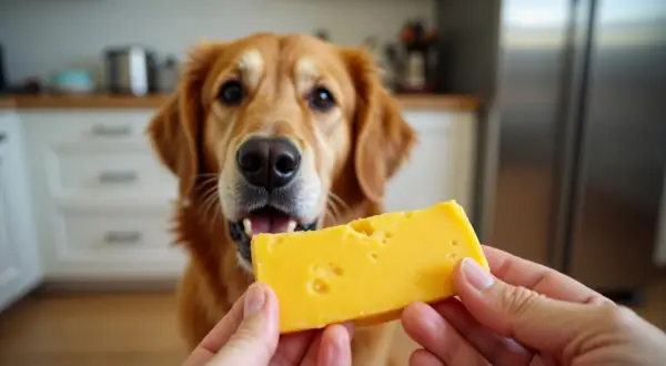 Złoty retriever z zaciekawieniem patrzy na kawałek sera żółtego. Czy pies może jeść ser żółty? To pytanie nurtuje wielu właścicieli.