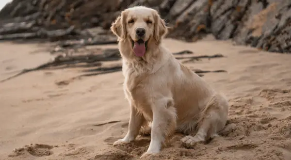 Szczęśliwy golden retriever o złotym futrze siedzi na piaszczystej plaży, ciesząc się ciepłem. Jego piękne, złote kolory idealnie komponują się z otoczeniem.