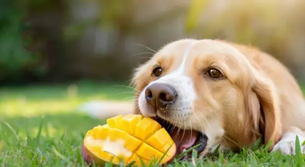 Złoty retriever gryzie soczyste mango na trawie. Czy pies może jeść mango? Tak, w umiarkowanych ilościach, bez pestki i skórki.