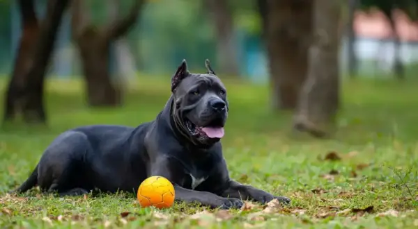 Potężny cane corso z człowiekiem odpoczywa na trawie obok pomarańczowej piłki.