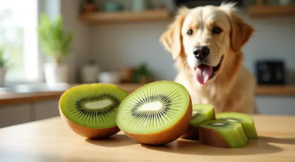 Złoty retriever z językiem na wierzchu patrzy na kiwi. Czy pies może kiwi? To pytanie nurtuje właścicieli czworonogów.