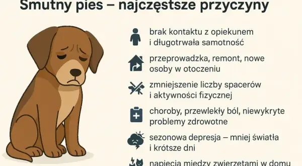 Smutny pies z opuszczonymi uszami siedzi obok listy przyczyn psiego smutku: samotność, zmiany, brak ruchu, choroby, depresja, konflikty.