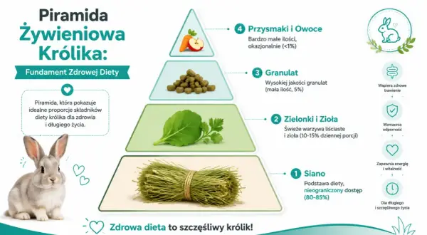 Piramida żywieniowa królika: Siano to podstawa, zielonki i zioła, granulat, a okazjonalnie jabłko i inne owoce.
