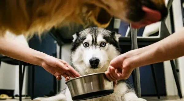 Siberian husky z niebieskimi oczami patrzy na miskę, którą trzymają ludzkie dłonie. Nad nim widać pysk innego psa. To nie jest spa dla psa, to czas na jedzenie!