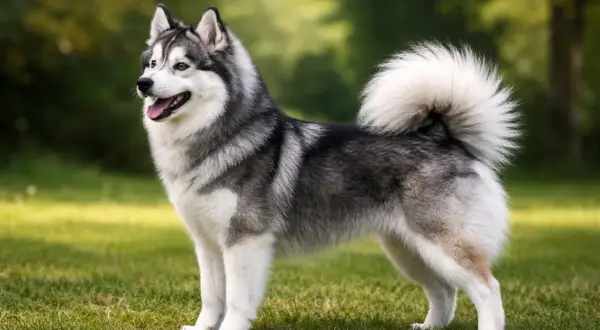 Uroczy pomsky z puszystym ogonem stoi na trawie, ciesząc się słońcem.