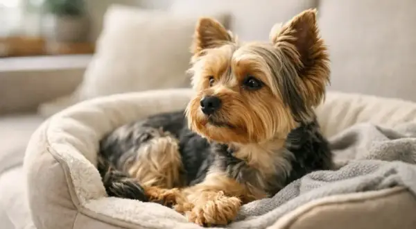 Uroczy yorkshire terrier w swoim legowisku. Zastanawiasz się nad yorkshire terrier cena?