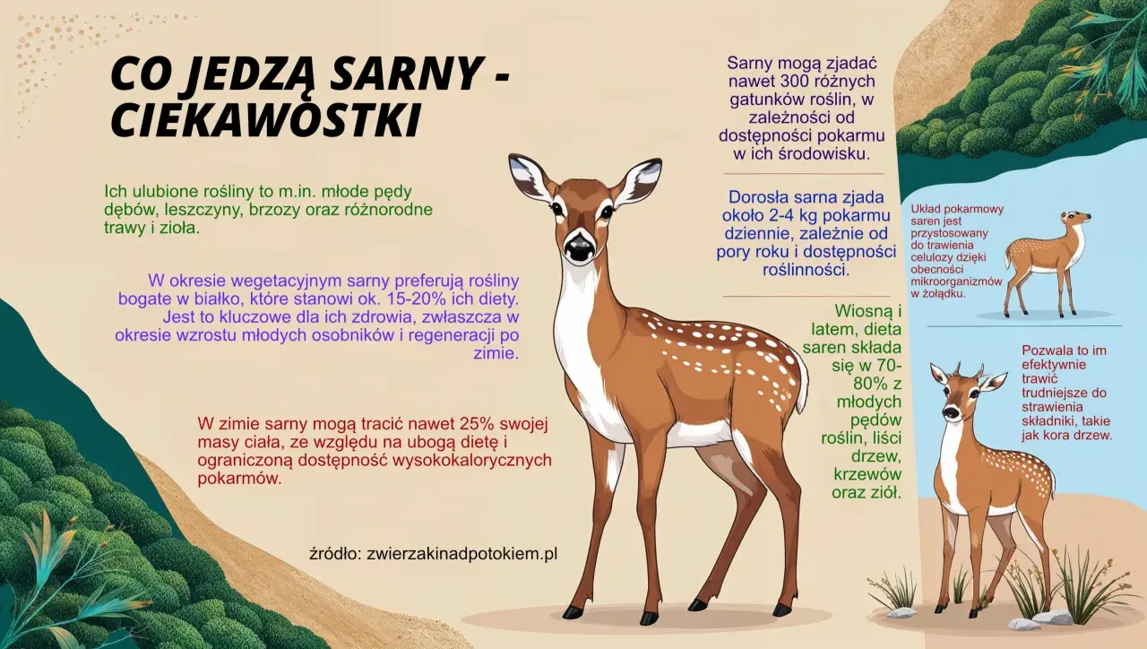 Sarny jedzą młode pędy roślin, liście drzew, krzewy i zioła. Ich dieta jest bogata w białko, co jest kluczowe dla zdrowia.