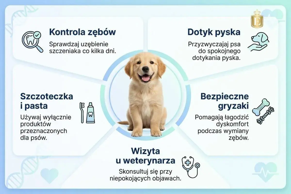 Szczeniak golden retrievera w centrum grafiki, która pokazuje, jak dbać o jego zęby, kiedy psu wypadają zęby stałe.