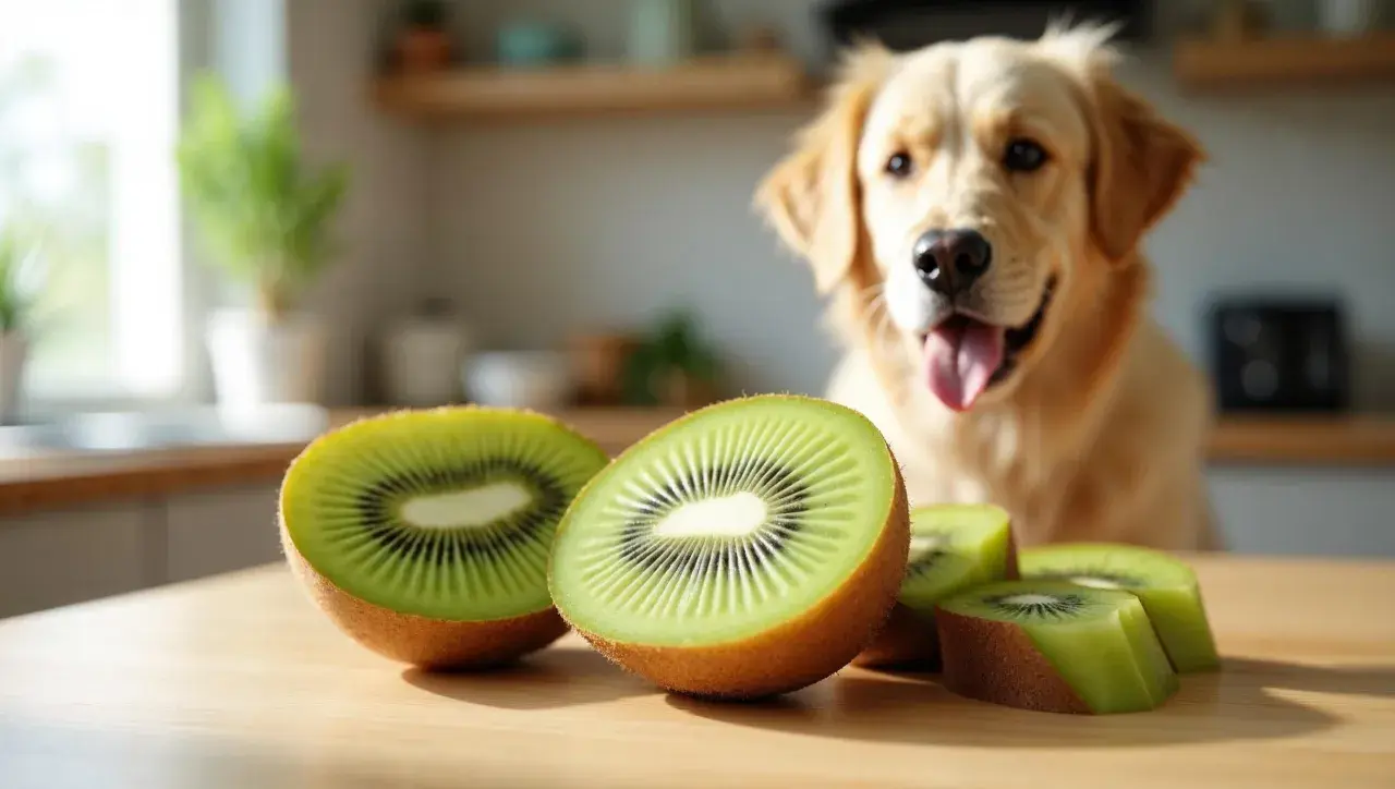 Złoty retriever z językiem na wierzchu patrzy na kiwi. Czy pies może kiwi? To pytanie nurtuje właścicieli czworonogów.
