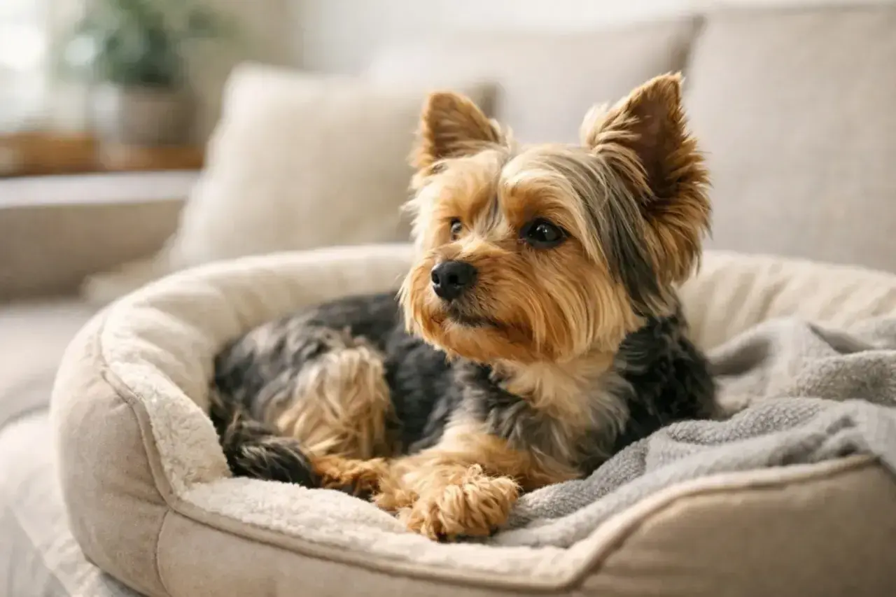 Uroczy yorkshire terrier w swoim legowisku. Zastanawiasz się nad yorkshire terrier cena?