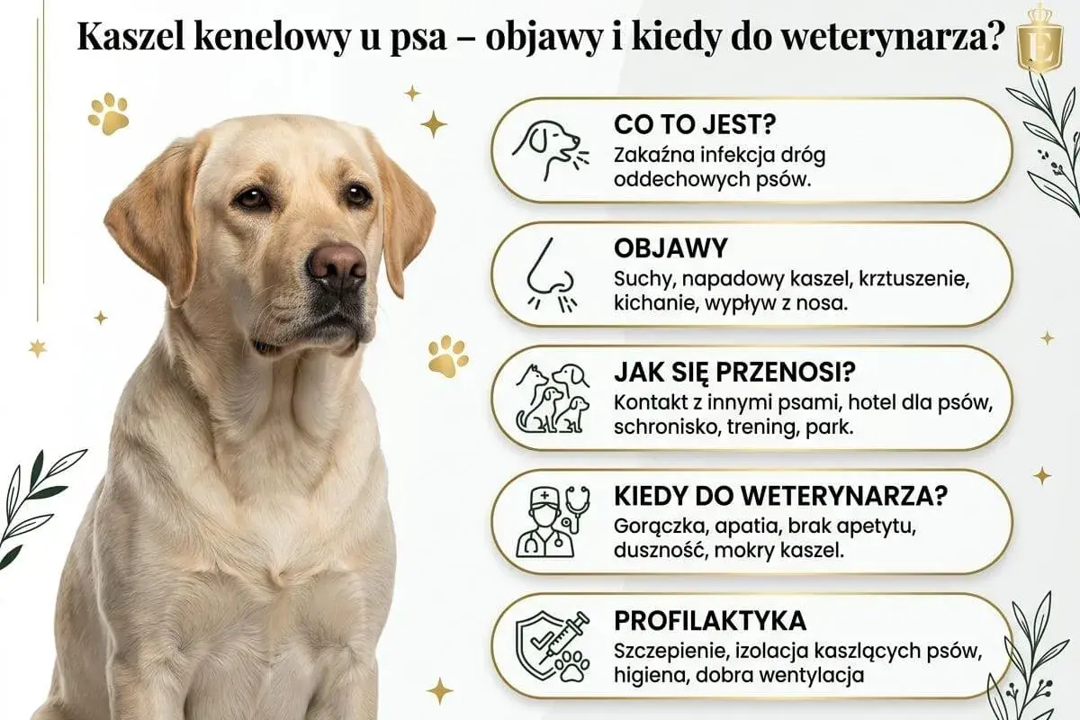 Labrador z objawami kaszlu kenelowego u psa: suchy kaszel, kichanie, gorączka. Informacje o chorobie i profilaktyce.