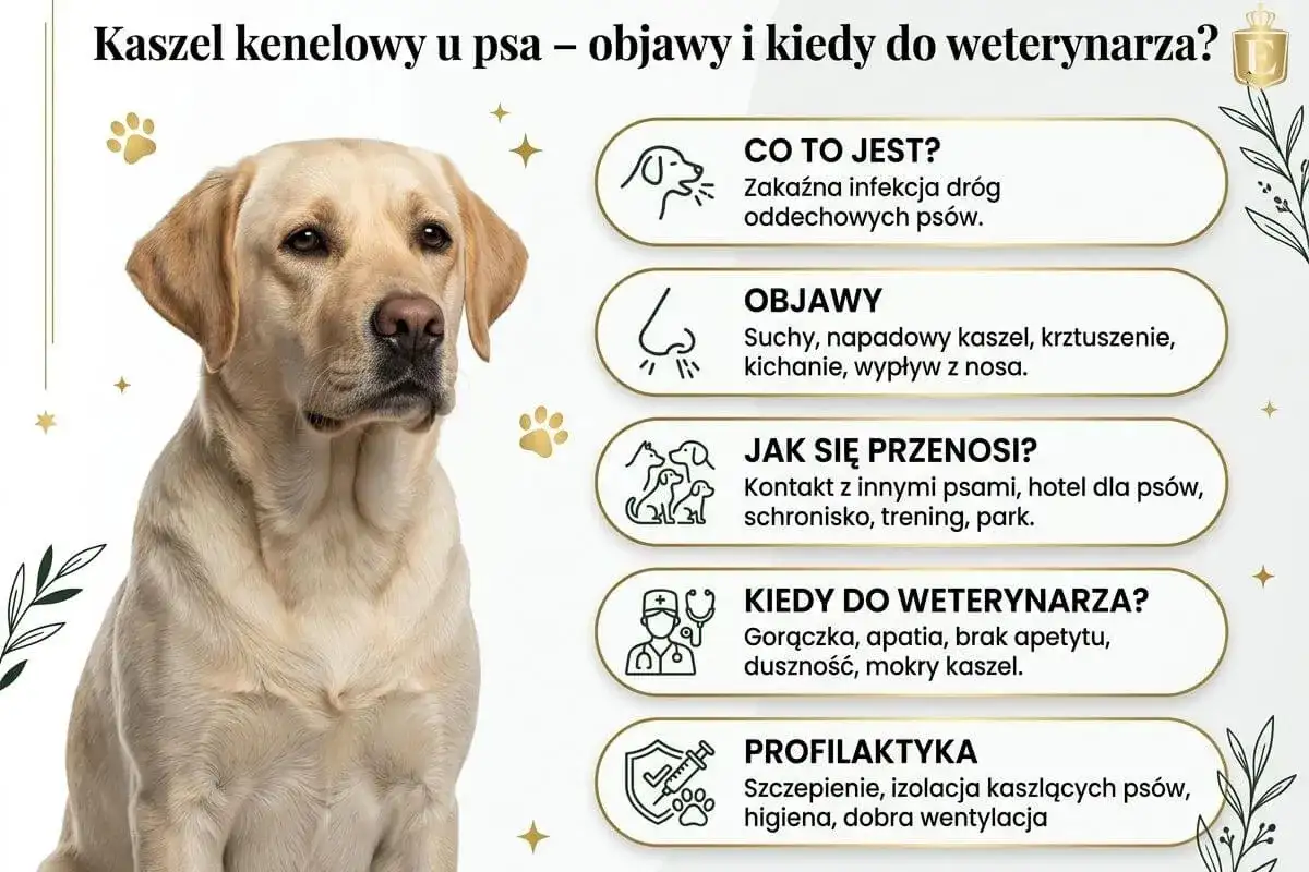 Labrador z objawami kaszlu kenelowego u psa: suchy kaszel, kichanie, gorączka. Informacje o chorobie i profilaktyce.