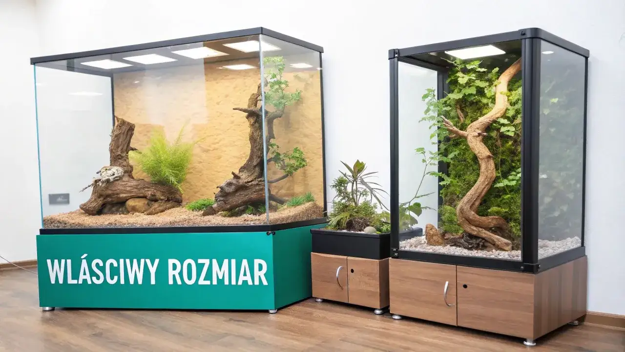 Dwa szklane terraria z roślinnością i korzeniami. Jedno z nich, większe, ma na froncie napis 