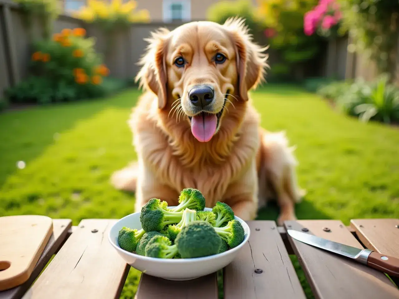 Złoty retriever z językiem na wierzchu patrzy na miskę brokułów. Czy pies może jeść brokuły? Ten słodki piesek wydaje się być gotowy do próby!