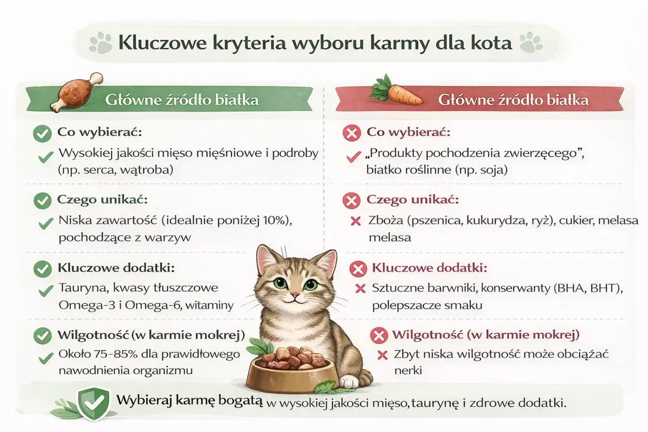 Grafika porównuje kryteria wyboru karmy dla kota. Po lewej stronie zalecenia dotyczące wysokiej jakości mięsa i dodatków, po prawej czego unikać. Kot patrzy na miskę z karmą.