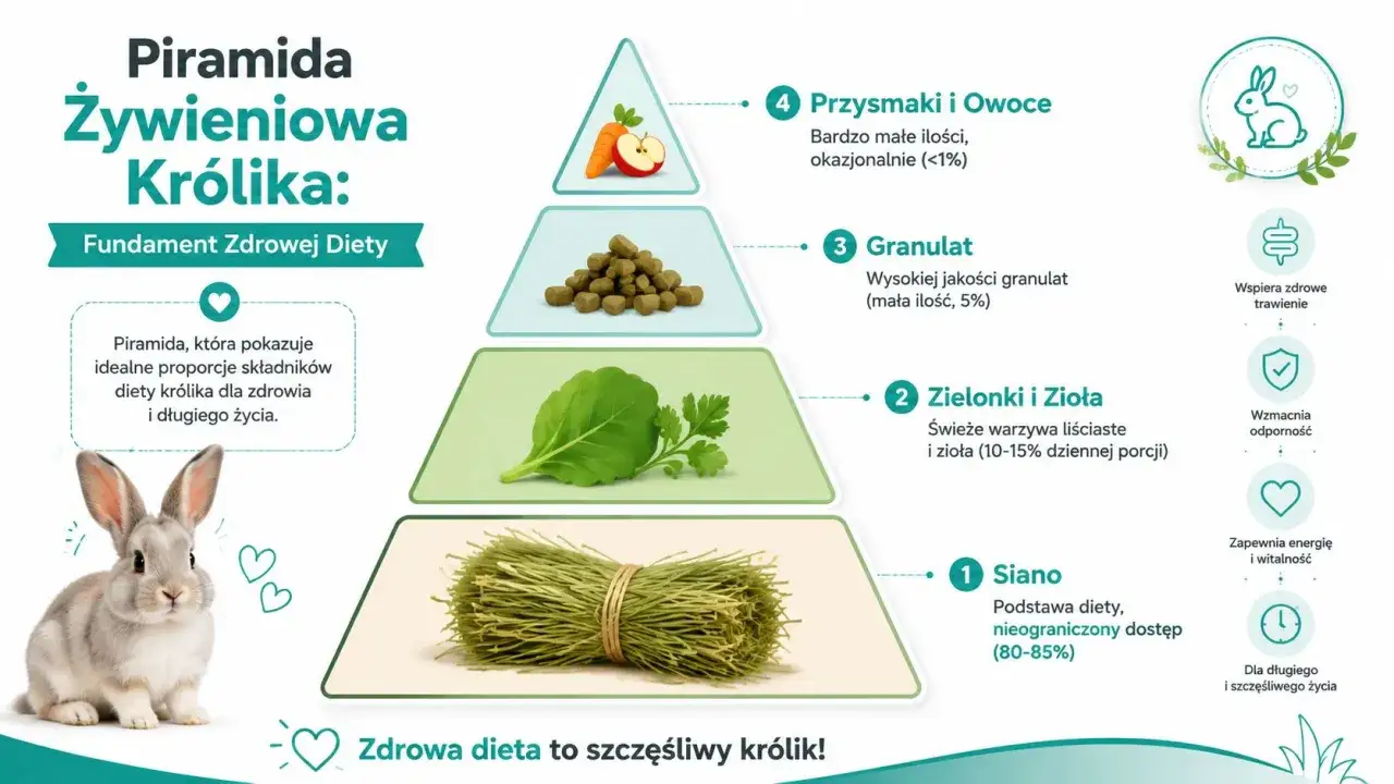 Piramida żywieniowa królika: siano, zielonki, zioła, granulat i owoce. Króliki jedzą głównie siano.
