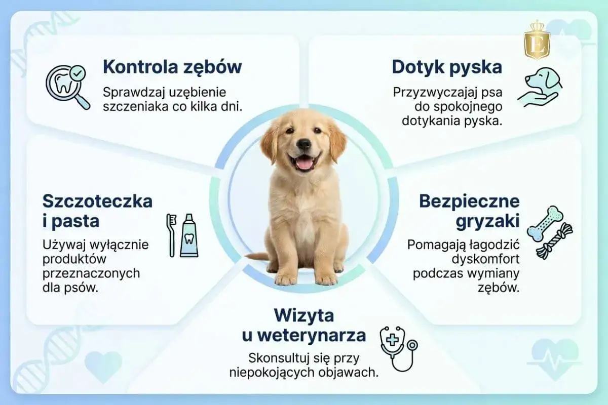 Szczeniak golden retrievera w centrum grafiki, która pokazuje, jak dbać o jego zęby, kiedy psu wypadają zęby stałe. Porady obejmują kontrolę zębów, szczoteczkę i pastę, dotyk pyska, bezpieczne gryzaki i wizytę u weterynarza.