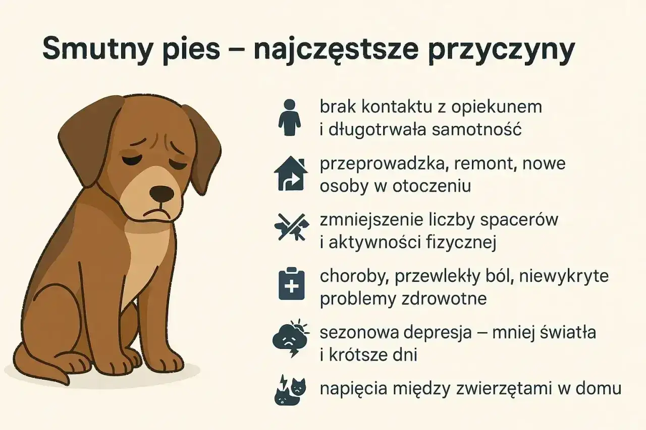 Smutny pies z opuszczonymi uszami i smutną miną, obok lista przyczyn psiego smutku: samotność, zmiany, brak ruchu, choroby, depresja, konflikty.