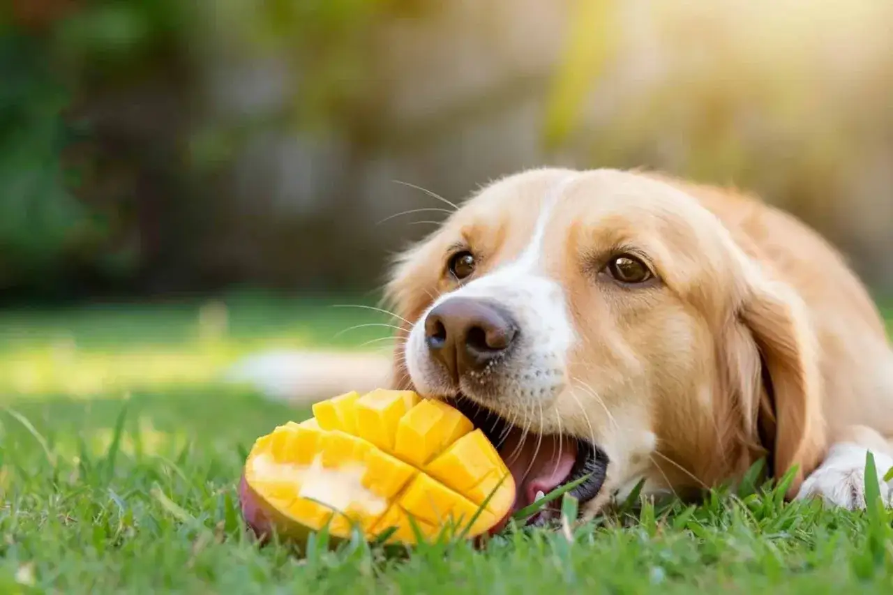 Złoty retriever gryzie soczyste mango na trawie. Czy pies może jeść mango? Tak, w umiarkowanych ilościach.