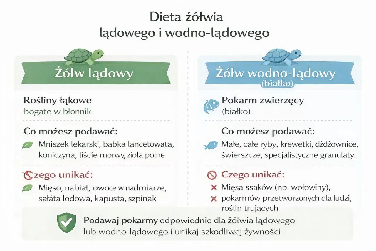 Żółwie wodno-lądowe jedzą ryby, krewetki, dżdżownice i świerszcze. Unikaj mięsa ssaków i przetworzonej żywności.