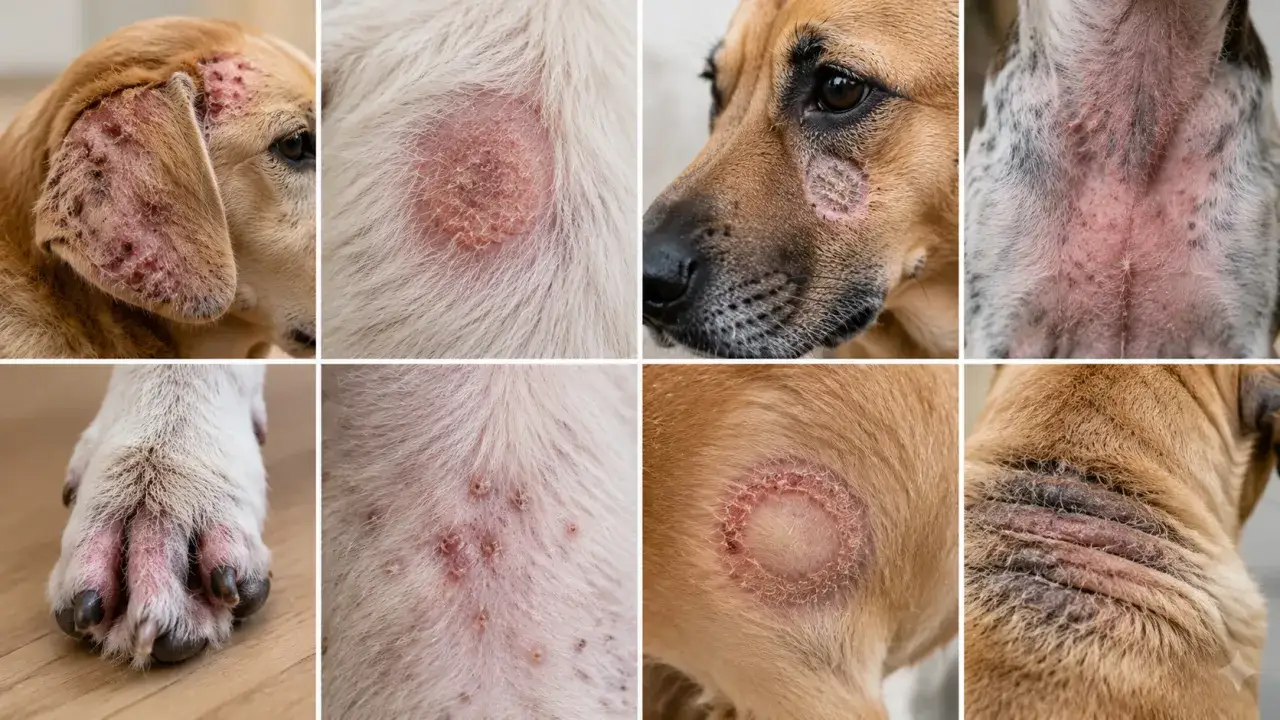 Osiem zbliżeń psiej skóry z problemami: zaczerwienienia, strupy, łysienie, okrągłe zmiany skórne, które mogą być objawem hot spot.